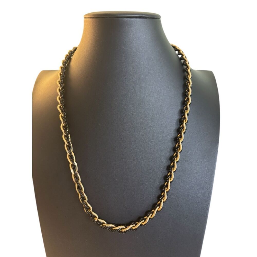 Vintage Trifari Gold Tone Chain W/ Strand of intertwined Black Beads.